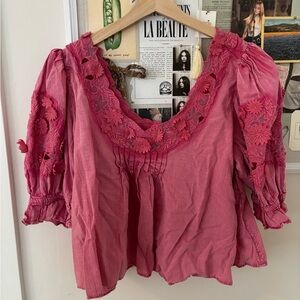 Free People Floral Appliqué Pink Blouse